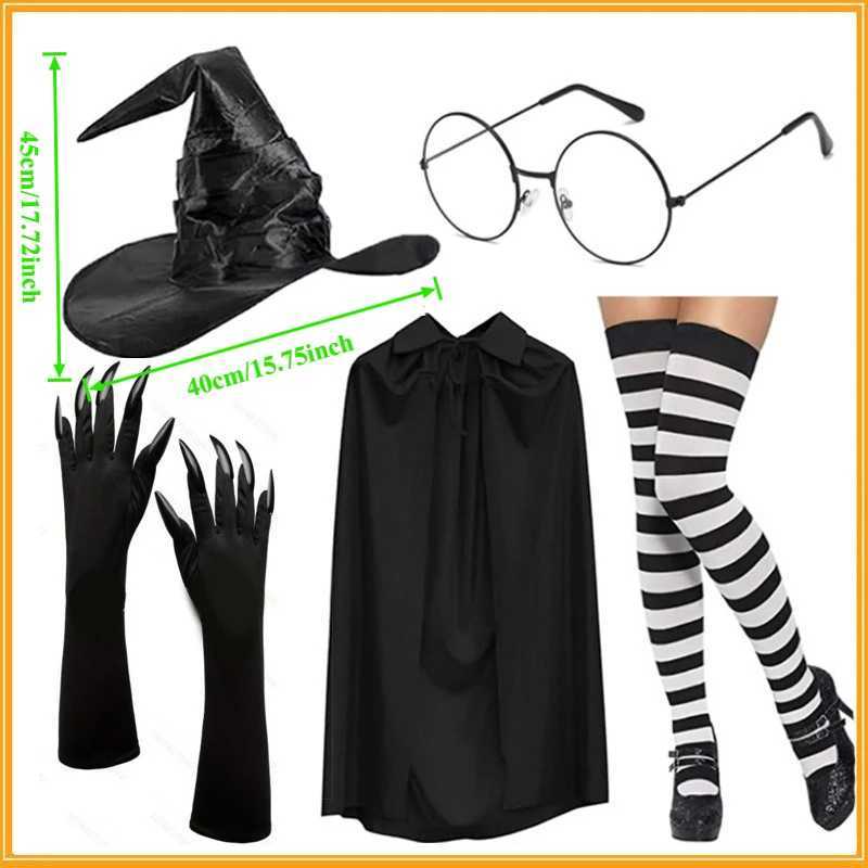 5pcsset Halloween Green Ghost Claw Gloves Set Pleated Wizard Hat Cape Round Glasses Socks Cosplay Character Set cloth L250918