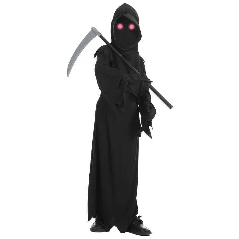Child Horror Red Eye Grim Reaper Costume Scythe Devil Darkseid Ghost Cosplay Suit Halloween Hooded Party Dress Gloves L250918
