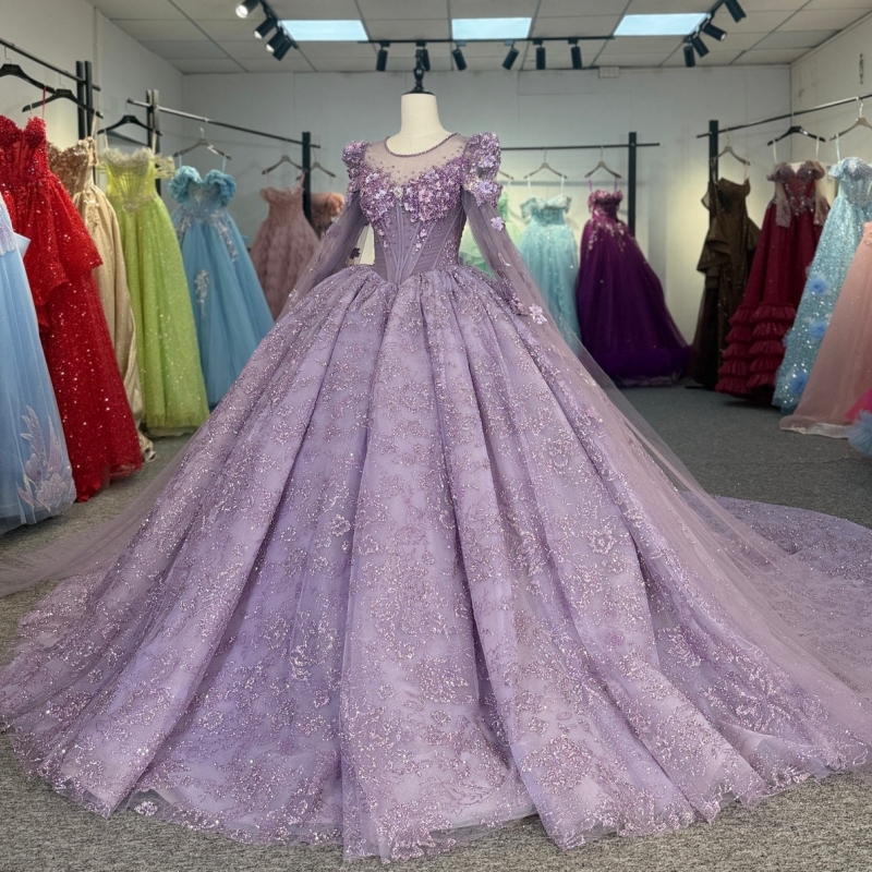 Lilac Quinceanera Dresses Off The Shoulder Sequin Applique Flower Beading Crystal With Cape Tull Party Birthday Sweet 16 Dress Vestidos De 15 Anos