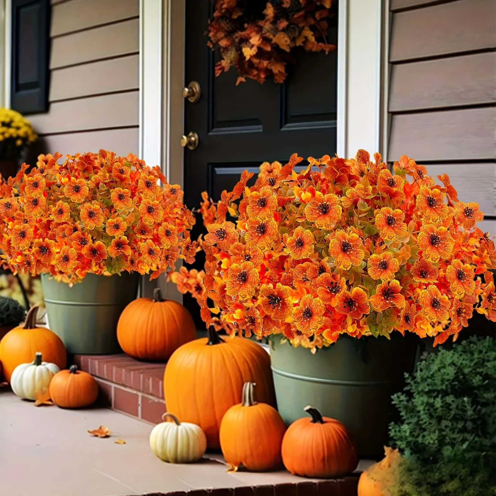 8PCS Artificial flowers Orange Yellow Realistic Plastic autumn Decor for Thanksgiving Halloween Diwali Celebrations C250919