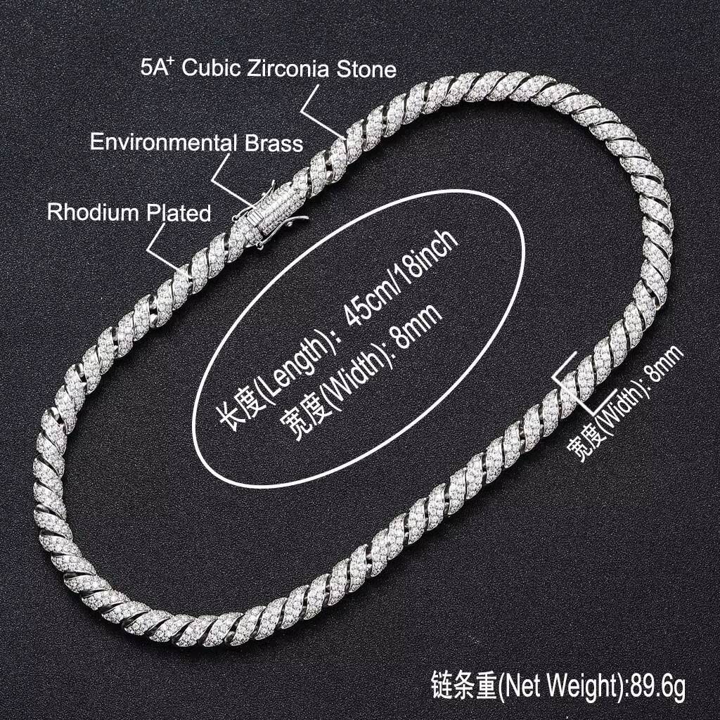 8MM925 silver micro-set moissanite length rope necklace; icy sparkling moissanite hip hop