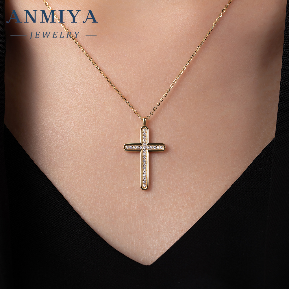 Chic Simple 925 Sterling Silver Cross Chain Zircon Cross Necklace Plated 18K Gold for Women