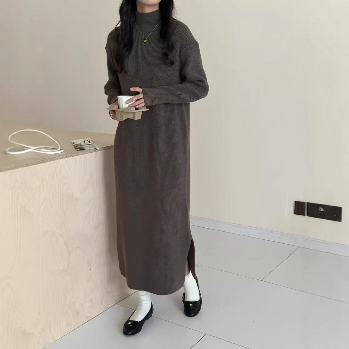 TB178 Thickened Knitted Sweater Dress with Side Slits and Long Sleeves