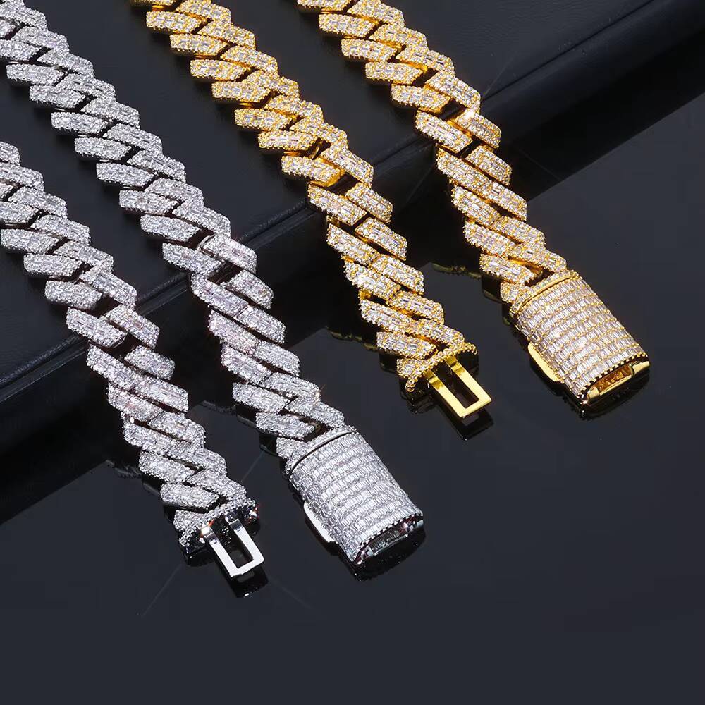 NUOYA 14MM Heavy Cuban Link Chain Necklace Iced Out Mixed Inlay Baguette Round Moissanite Prong Set Silver Plated Hip Hop Jewelry