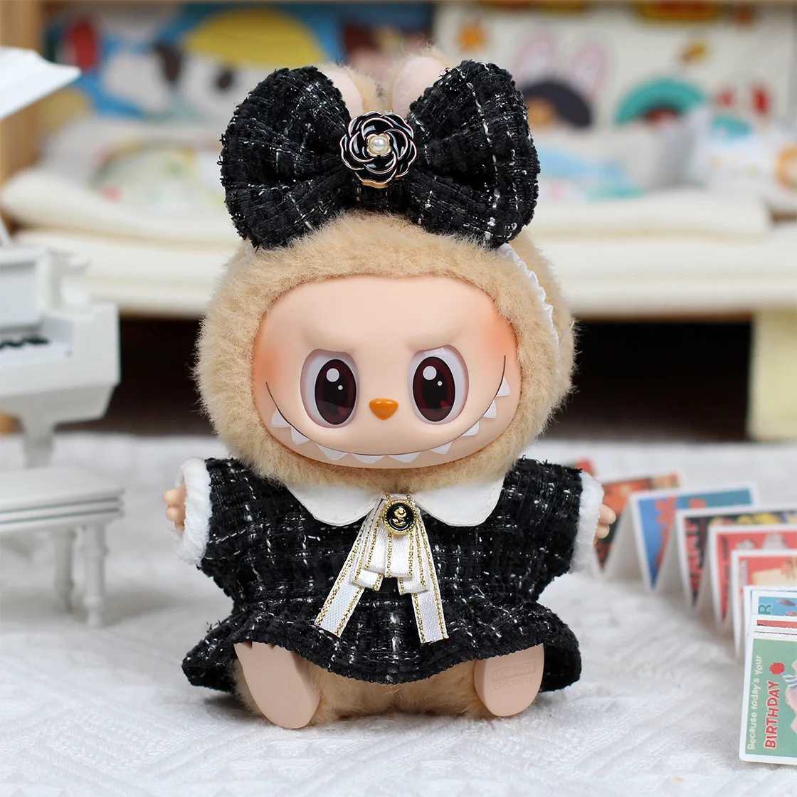 Mini Doll Clothing Accessories 17cm Cute Labubu Black and White Checkered Dress Set Fashion Clothing Girl Gift No Doll in Stock C250919