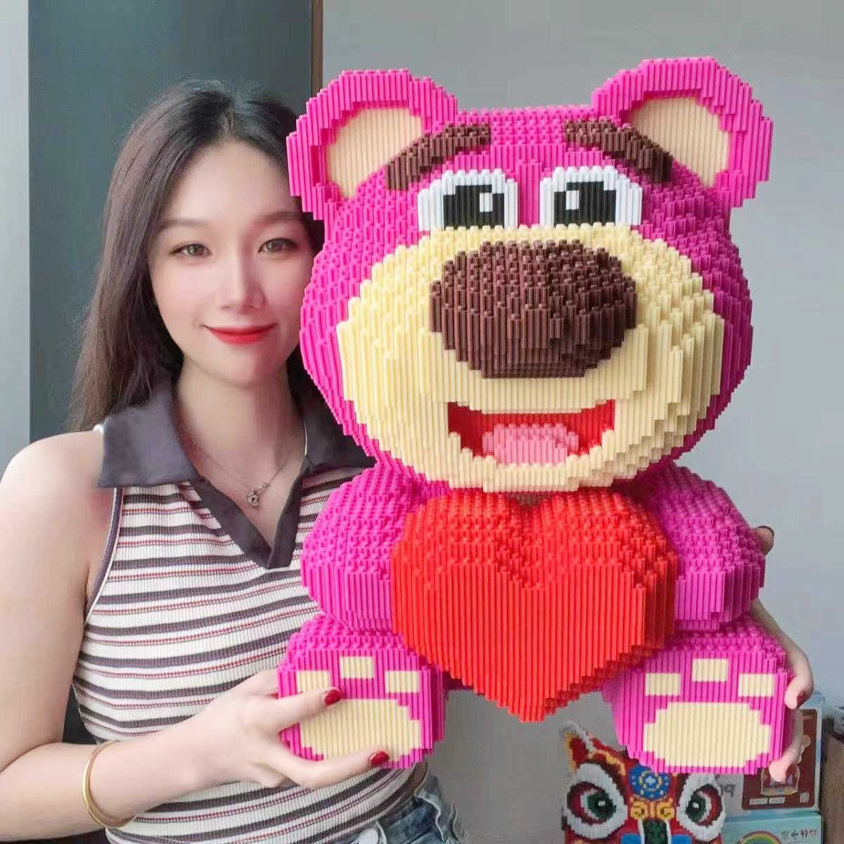 Disney-Extra Large Lotso Block Toy for Adults and Children, Cute Pet Bear, Love, Strawberry, DIY Gift