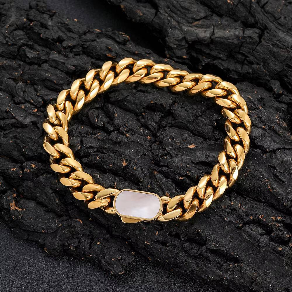 NUOYA Hip Hop Jewelry Men Stainless Steel Bracelet 18K Gold Plated Miami Cuban Chain with Natural Shell Clasp Cuban Bracelet