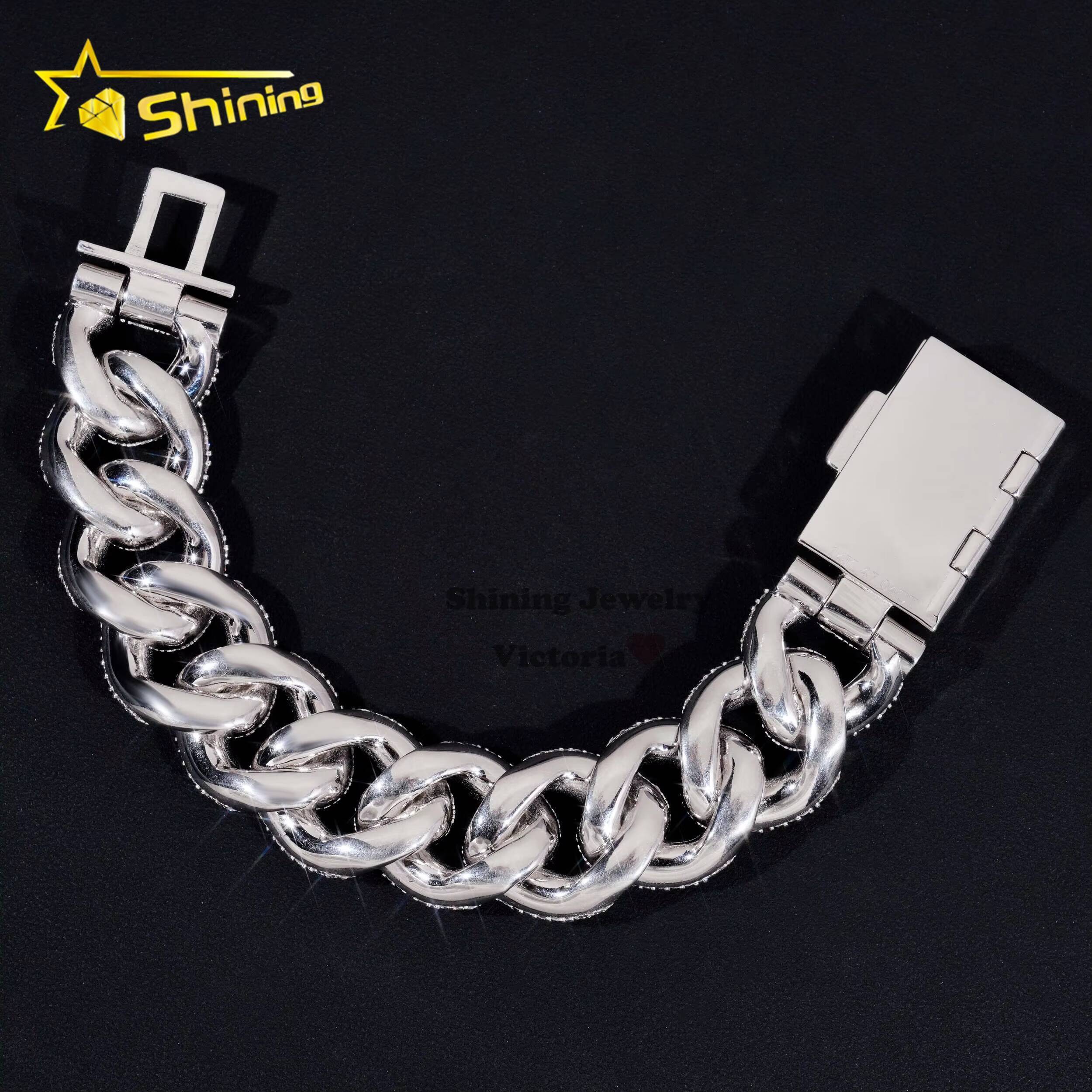 Luxury Hip Hop Style Jewelry Custom Lack 925 Silver White Gold Plated 23MM Moissanite Diamond Cuban Link Bracelet Mens
