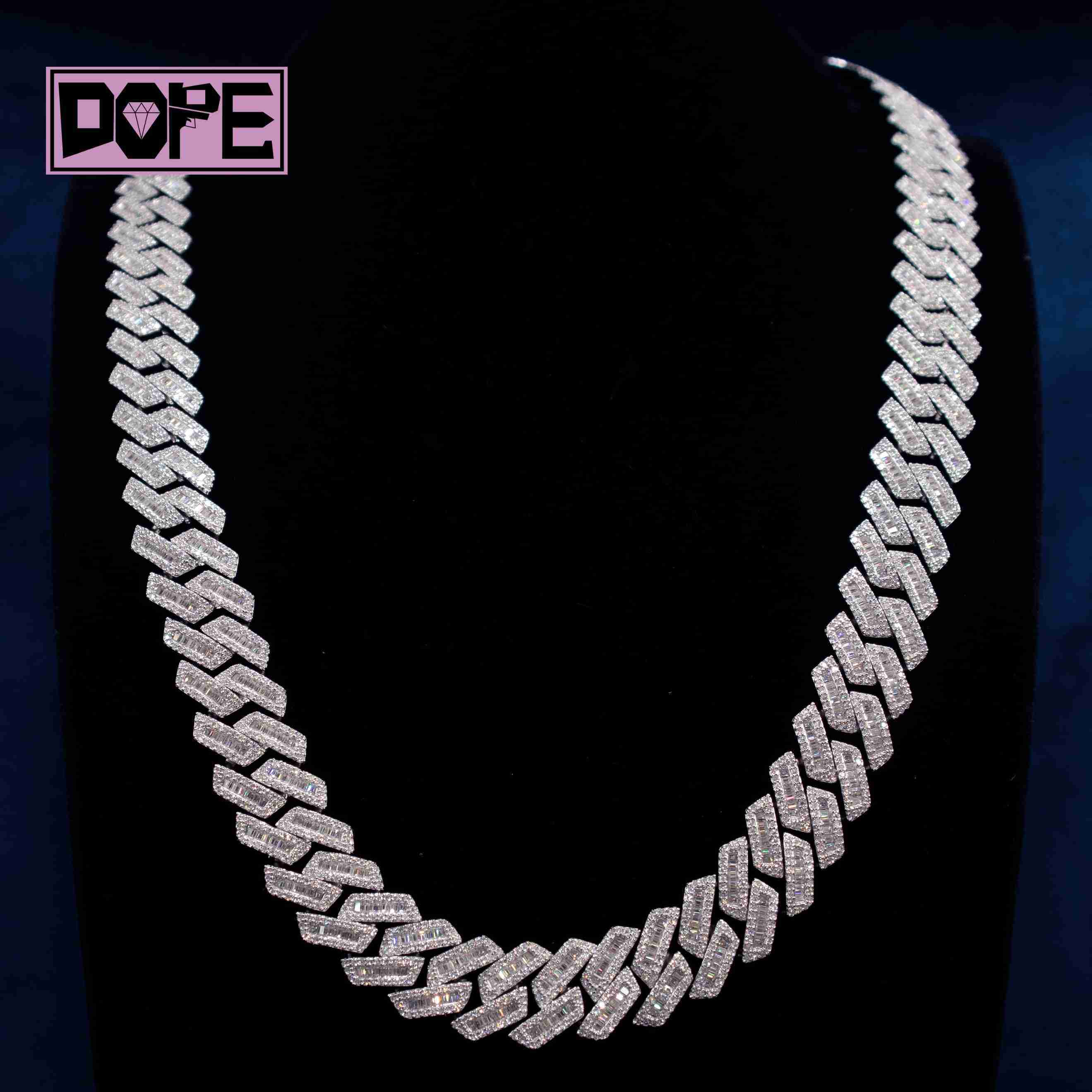 16mm Cuban Link Chain 925 Sterling Sliver Hip Hop Men VVS Baguette Cut Moissanite Cuban Chain