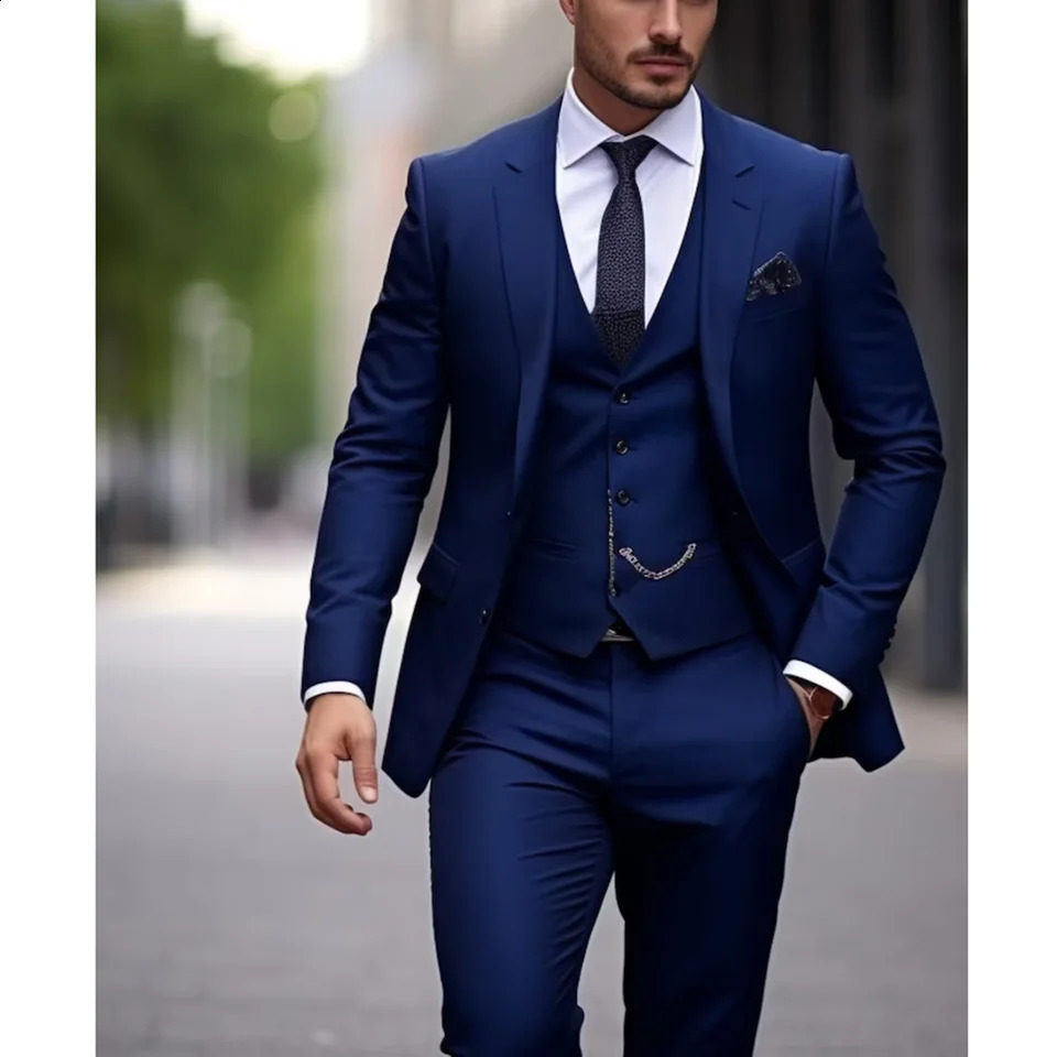Dark Blue Men Suits 3 Piece Fashion Notch Lapel Single Breasted Outfits Solid Color Chic Business Casual Office Wedding Tuxedo 250916