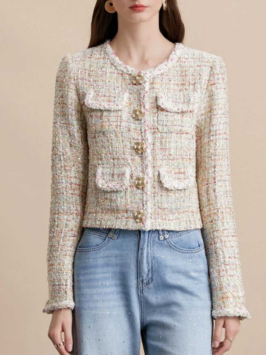 VGH Slimming Elegant Short Jackets For Women Round Neck Long Sleeve Spliced Button Autumn Temperament Jacket Female Fashion New Z250918