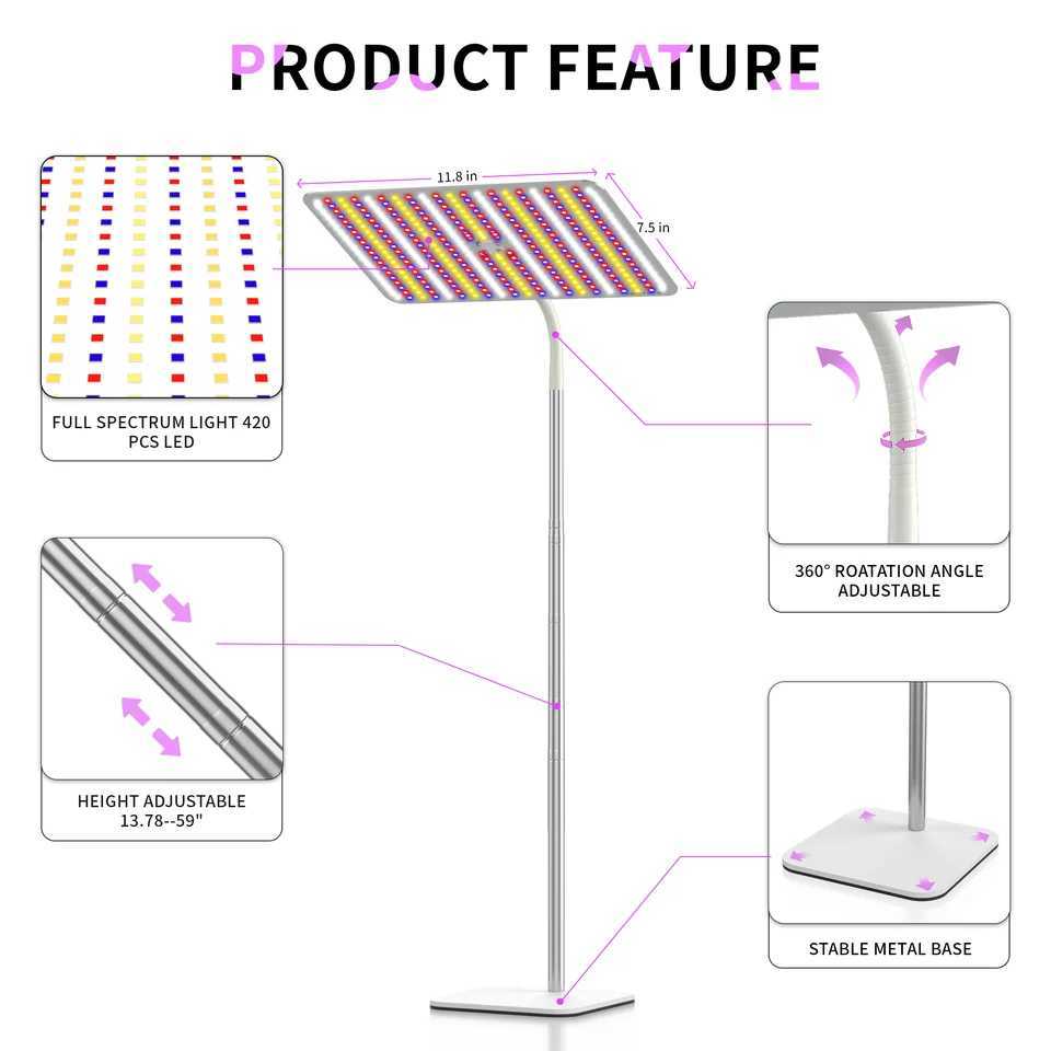 BESTVA 48W Grow Lights for Indoor Plants with Stand Full Spectrum LED Plant Light for Indoor Plants1259 Inches Height C250919