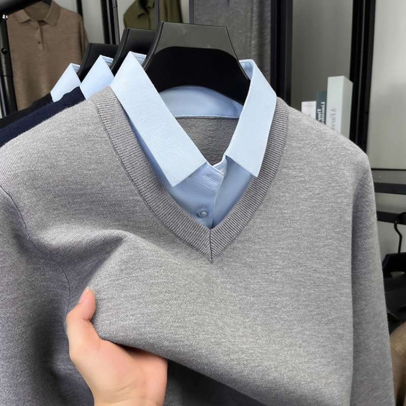 Korean Style Men's Thermal Top, Fake Collar Fleece Lined Pullover, 600g Warm Winter Base Layer No Need Layering