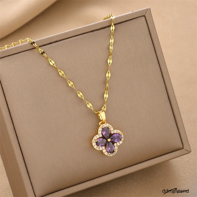 Micro Pave Zircon Violet Four-Leaf Clover Pendant Accessory Titanium Steel Necklace For Women Light Versatile Collarbone Chain ddmyfriend ddmyfriend