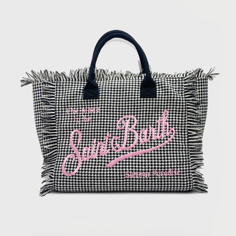 Saint Barth European And American New Women's Large Capacity Casual Beach Canvas Striped Tassel Handheld Tote Bag