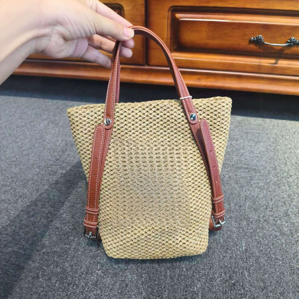 Raffia Straw Bucket Large Capacity Casual Vacation Patchwork Handbag Shoulder Underarm Crossbody Bag B5