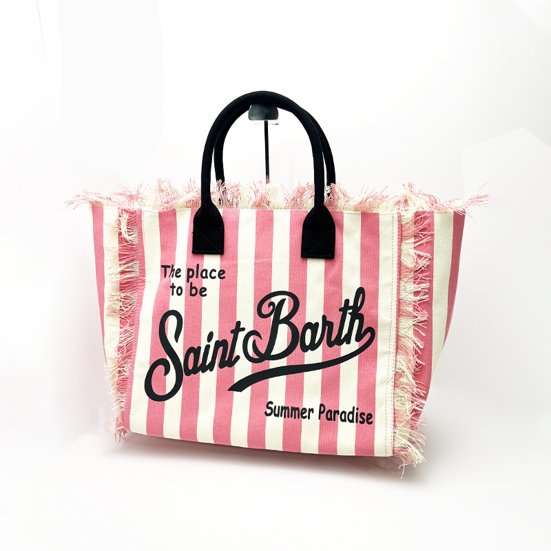 Saint Barth European And American New Women's Large Capacity Casual Beach Canvas Striped Tassel Handheld Tote Bag