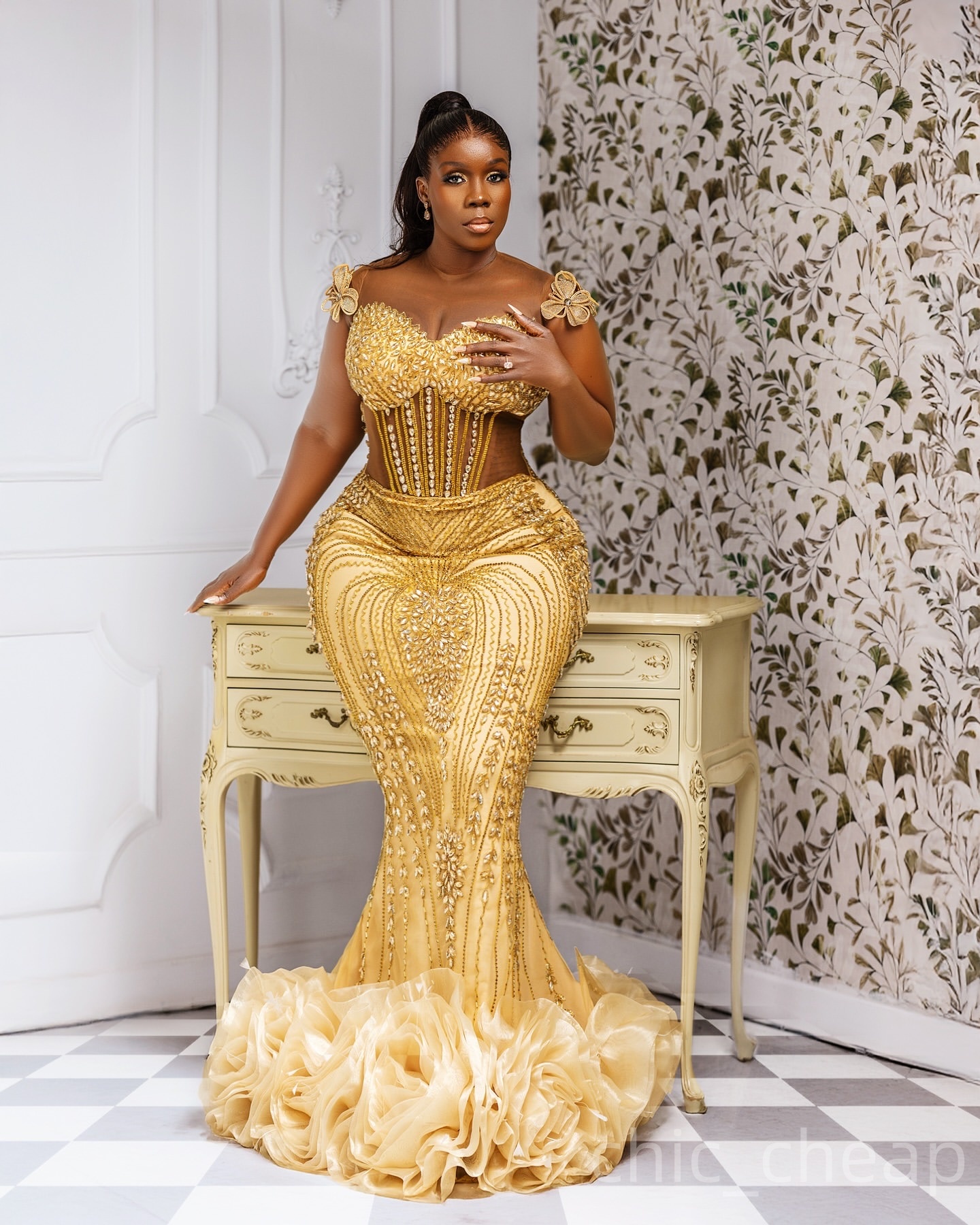 Mermaid Gold Prom Dresses 2025 Crystals Flowers Sheer Neck Sequined Evening Formal Party Second Birthday Engagement Gowns Plus Size Dress For Special 