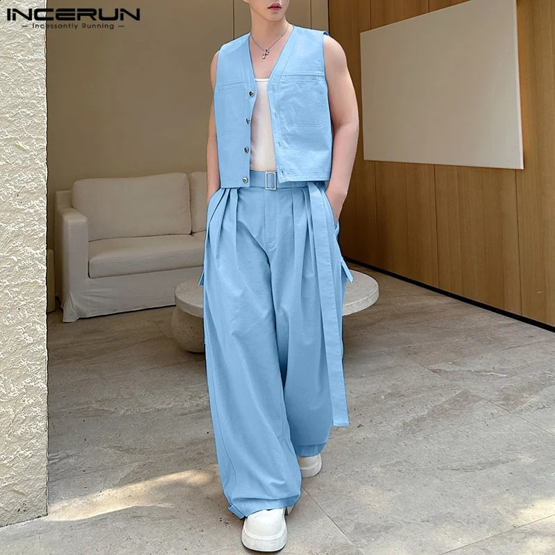 Men Sets Solid Color V Neck Sleeveless Vests Pleated Pants Two Pieces Sets Streetwear Loose 2025 Mens Casual Suits INCERUN 250916