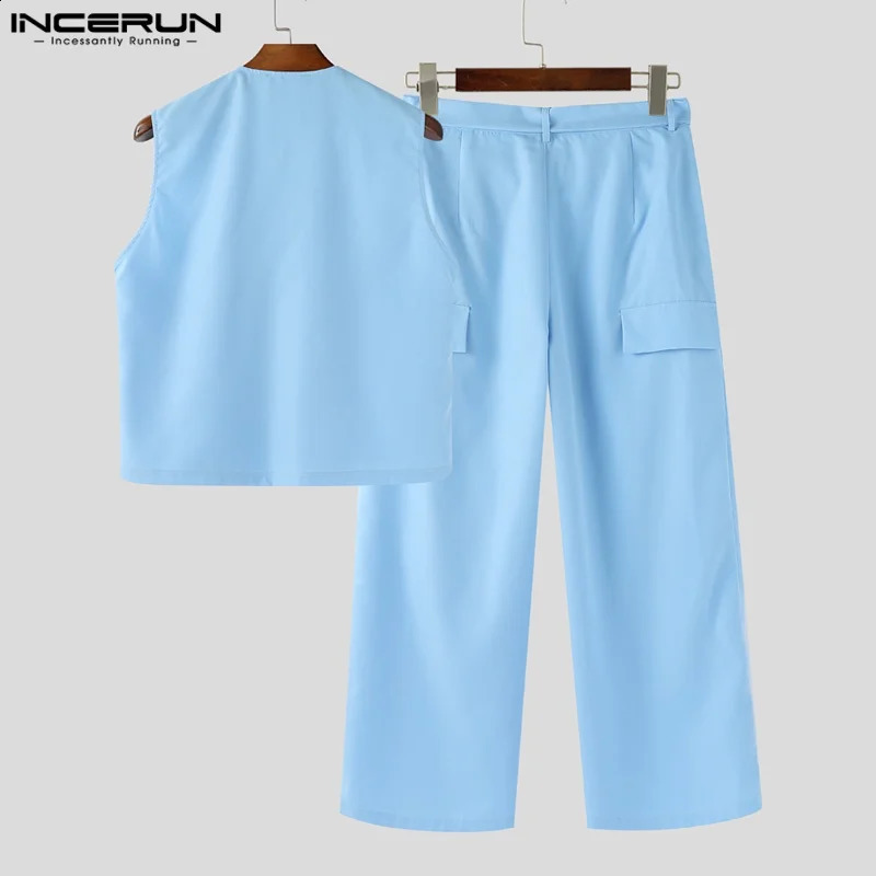 Men Sets Solid Color V Neck Sleeveless Vests Pleated Pants Two Pieces Sets Streetwear Loose 2025 Mens Casual Suits INCERUN 250916