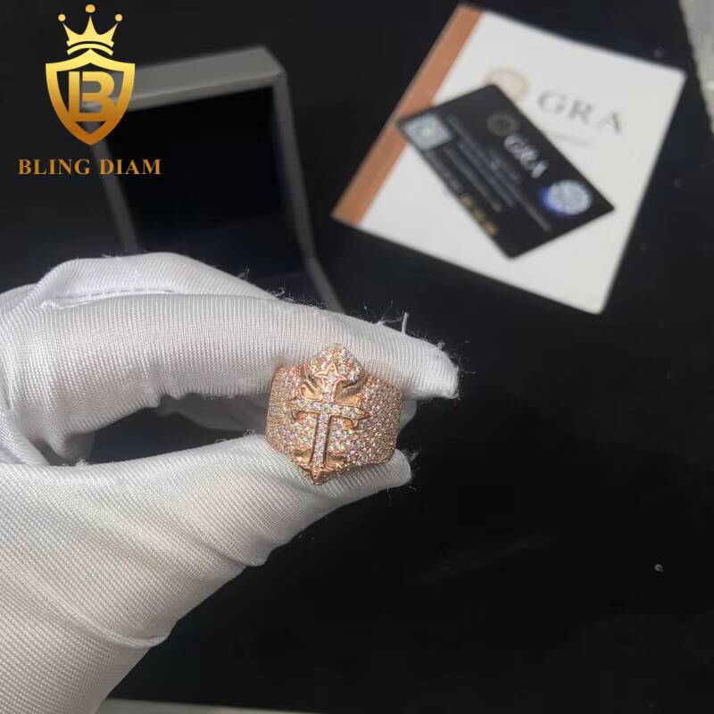 925 Sterling Silver Moissanite Ring Iced Out Moissanite HipHop Style Cross Jewelry Ring Pass Diamond Test in Stock with GRA