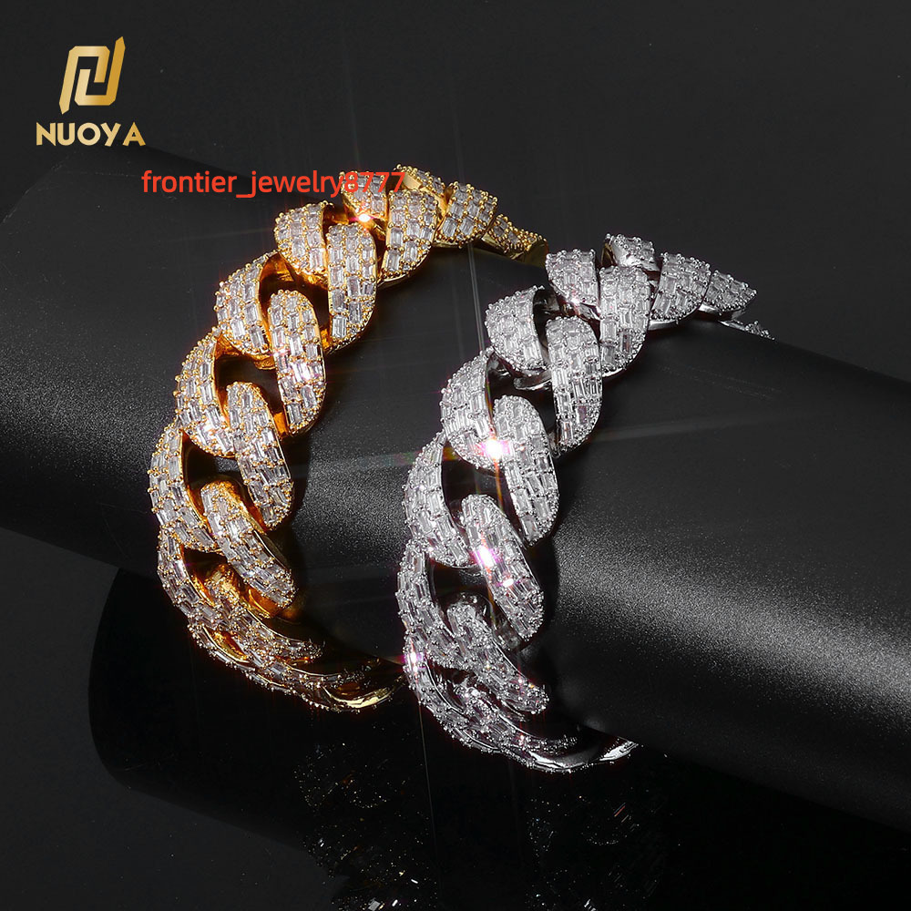 NUOYA Luxury 20mm Cuban Chain Bracelet Silver Plated Iced Out Moissanite Flip Clasp Baguette Cut Diamond Inlay Hip Hop Fine Jewelry