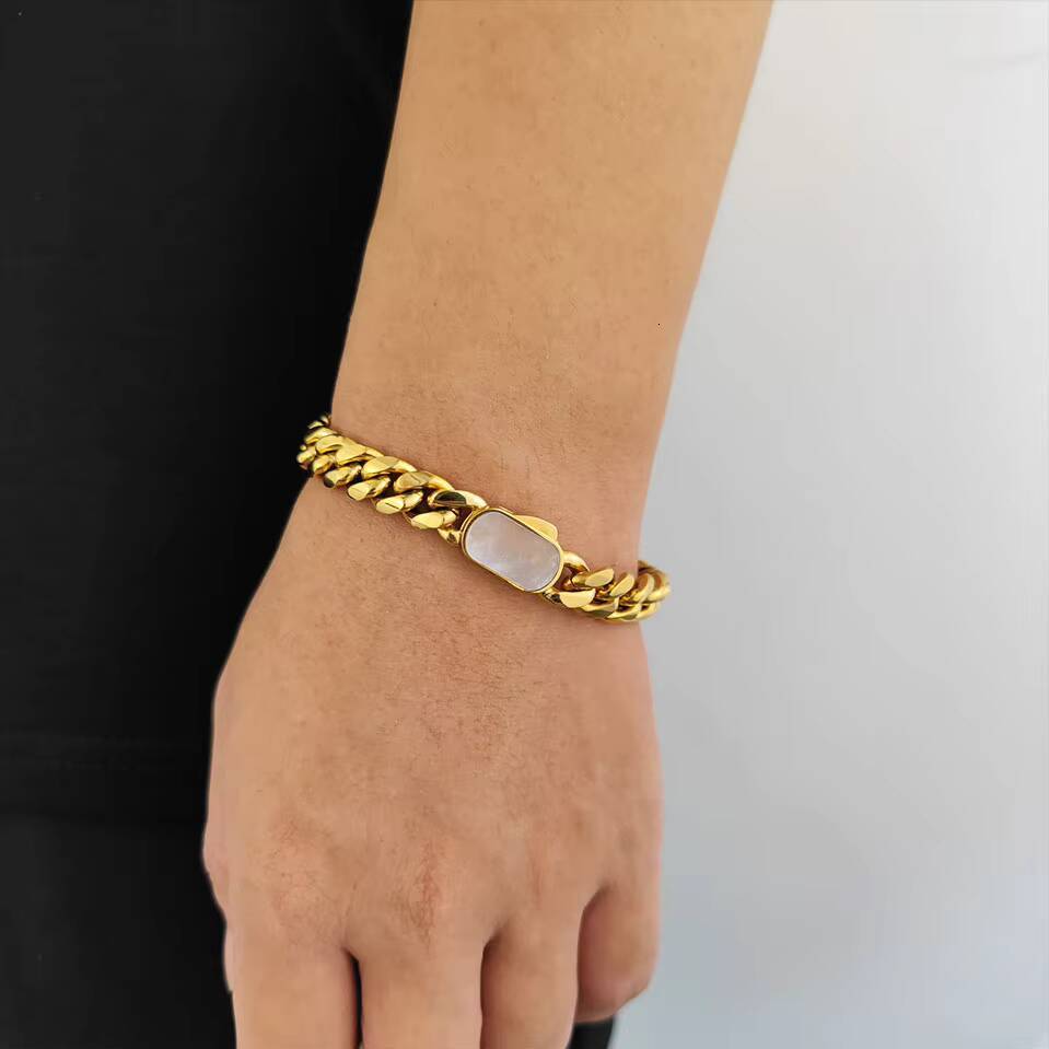 NUOYA Hip Hop Jewelry Men Stainless Steel Bracelet 18K Gold Plated Miami Cuban Chain with Natural Shell Clasp Cuban Bracelet