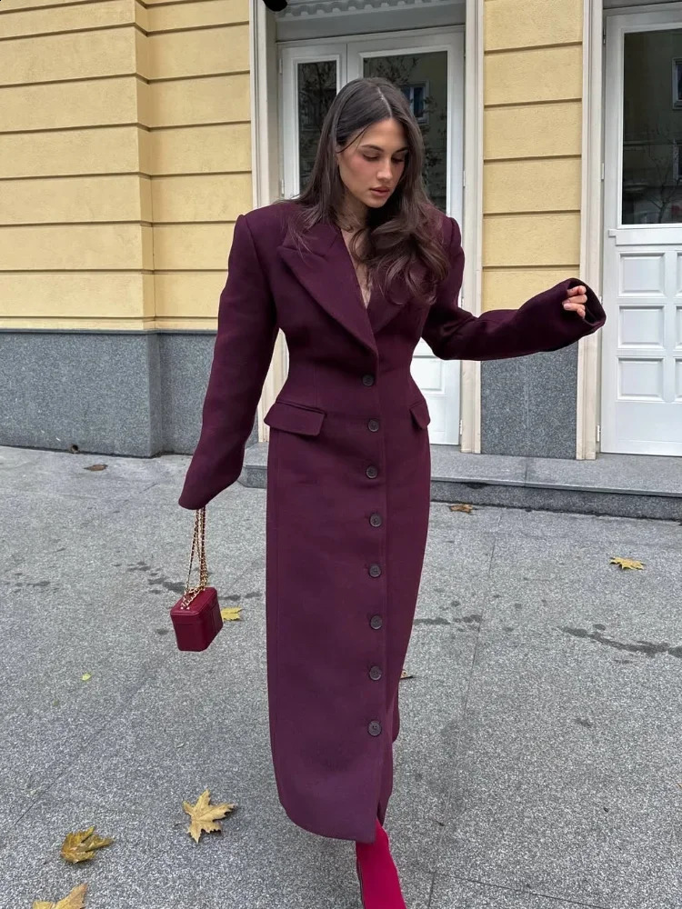 Fashion Waist Cinching Woolen Long Coats For Women Lapel Sleeve Singlebreasted Shoulder Pad Coat Lady Outwear 250917