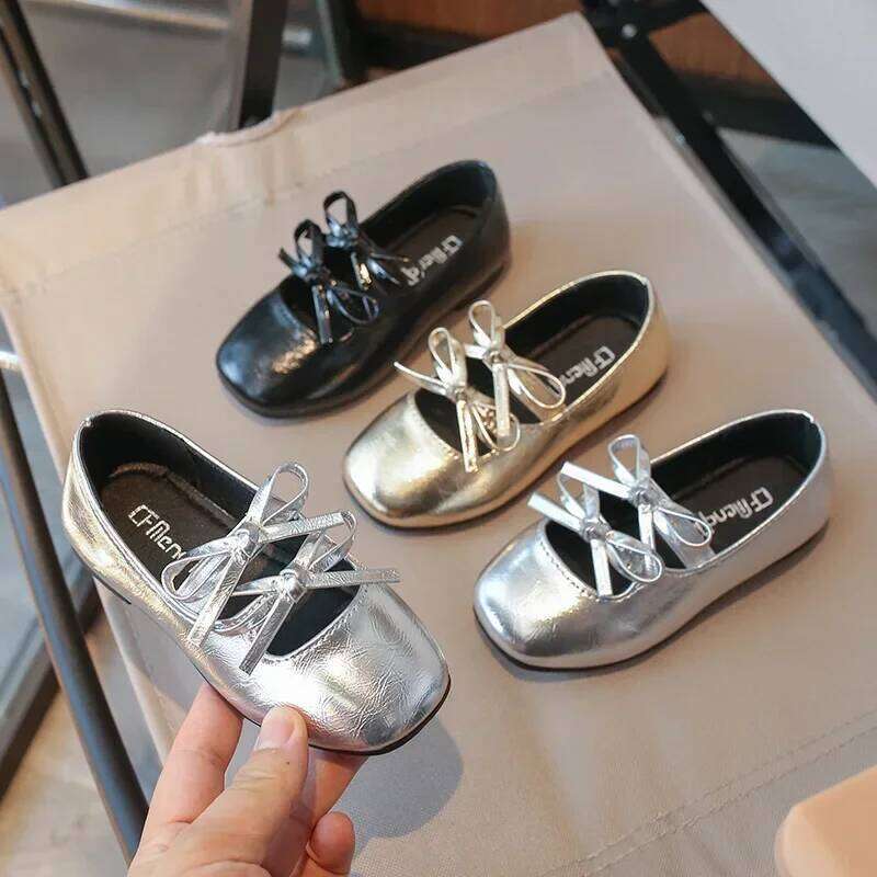 Kids Square Dance Performance Black Solid Color Princess Shoe with Double Bow 2024 New Girls Leather Shoes Soft Sole