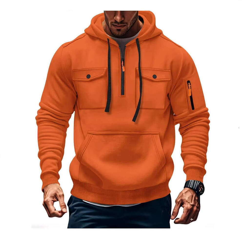 New Autumn Winter Men's Sweatshirt Multi Pocket Hooded Long Sleeve Fleece Jacket Casual Sports