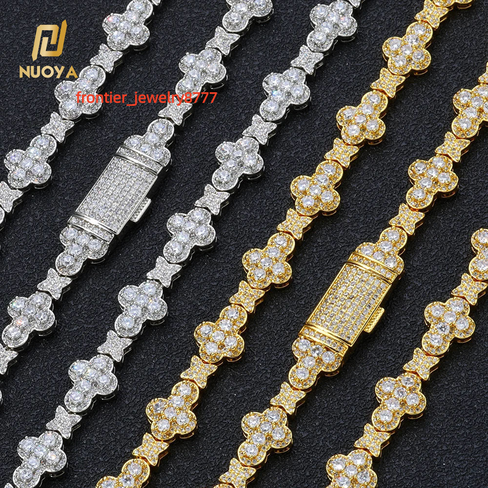 NUOYA Gold Plated Full Pave Moissanite Choker Necklace Iced Out Diamond Cross Link Chain Flower Design Shiny Hip Hop Jewelry