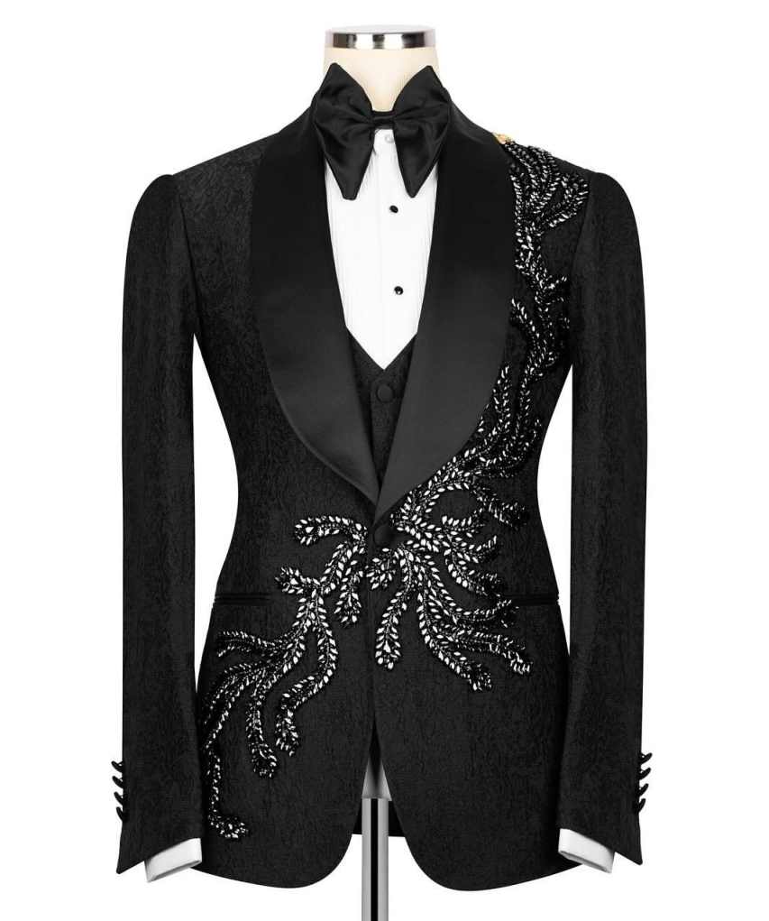 Stylish Jacquard Men Suits One Button Shawl Lapel Wedding Groom Tuxedos 2 Pieces Crystals Appliques Formal Prom Party Customized