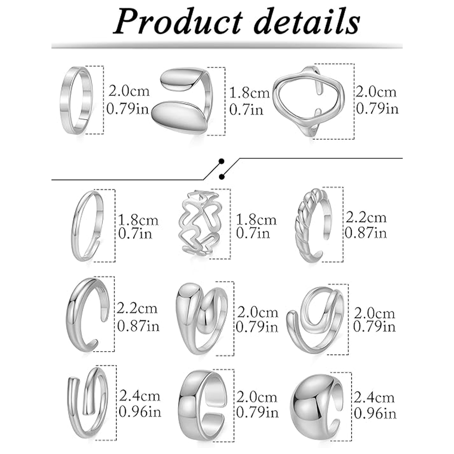 12Pcs Silver Chunky Rings Stackable Open Knuckle Ring Set Hollow Heart Twist Croissant Dome Band Statement Finger Rings for Women Silver Tone Adjustab
