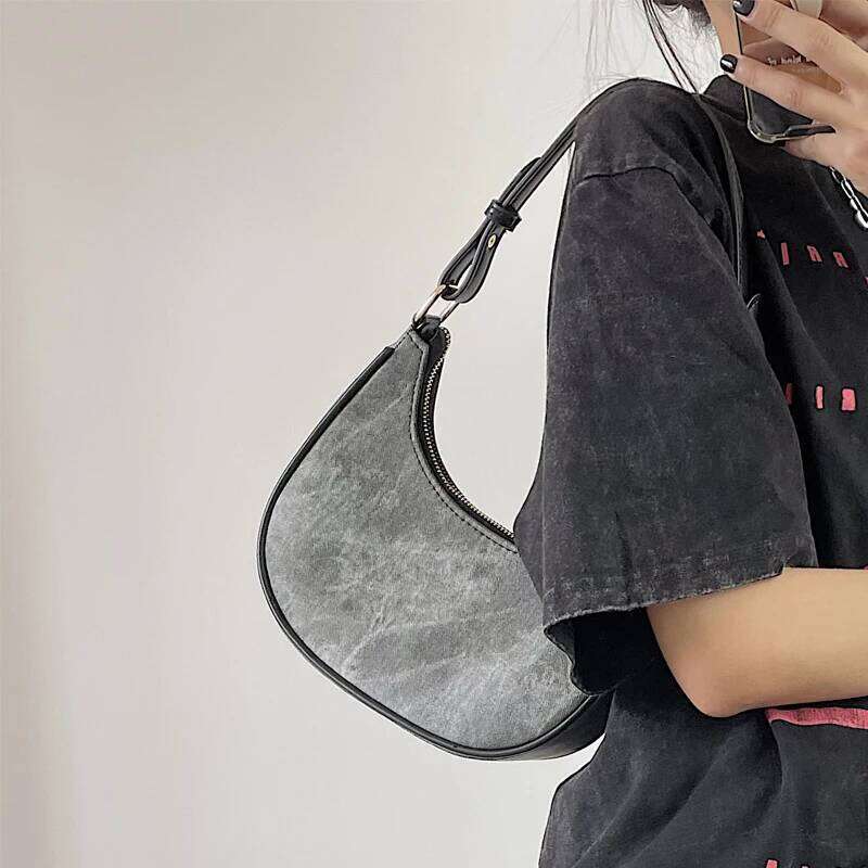 Casual Women Half Moon Underarm Bags Gray PU Leather Hobos Shoulder For Female All Match Ladies Crossbody Bag Purse Handbags