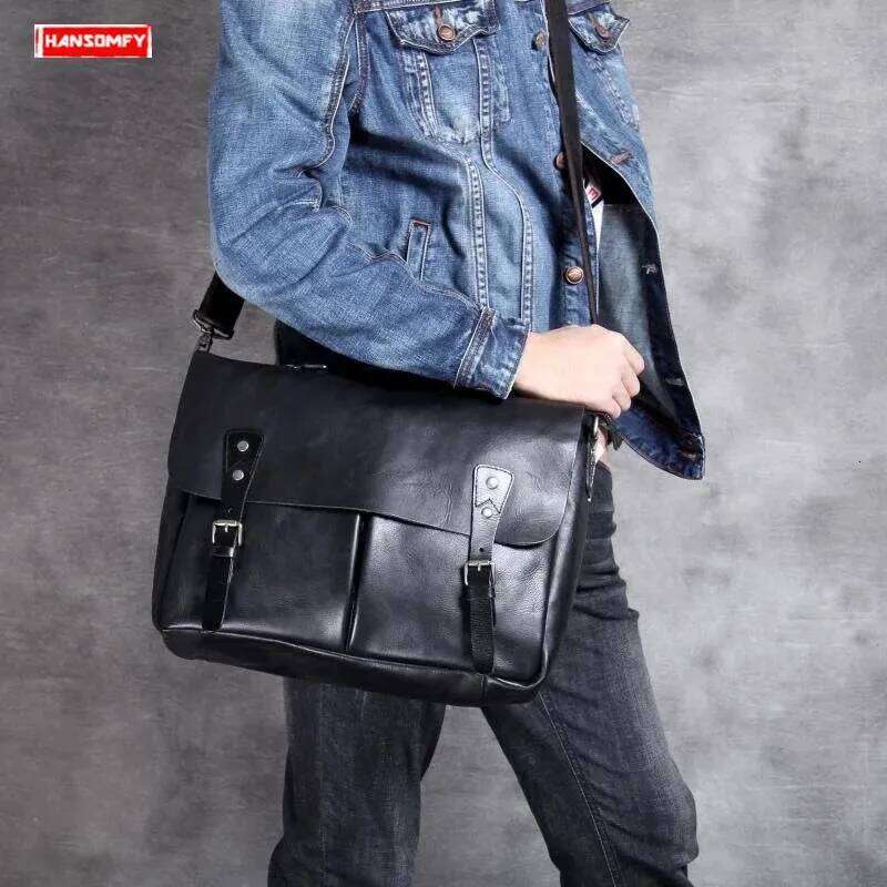 2024 Genuine Leather Casual Men's Briefcase Laptop Handbag Manual Men Shoulder Diagonal Computer Bag Tide Cross Section Business