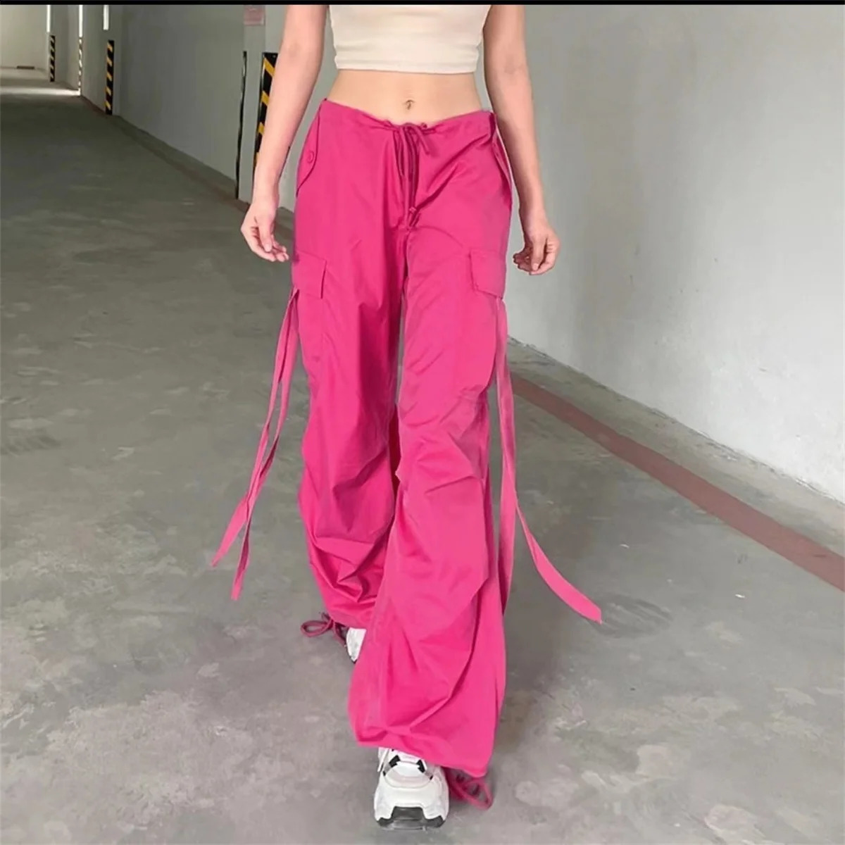Red Cargo Pant Casual Joggers High Waist Loose Female Hip Hop Trousers Korean Punk Funny Pockets Femme 250917