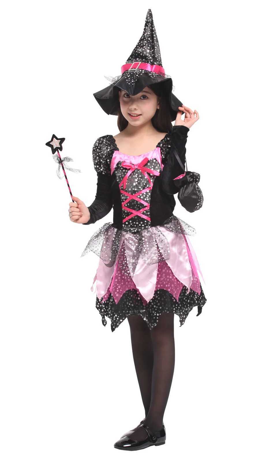 2025 Classic Halloween Festive Dress Girls Cosplay Pink Cute Short Sleeve Witch Vampire Cute Dress Hat Magic Stick Bag Set L250918