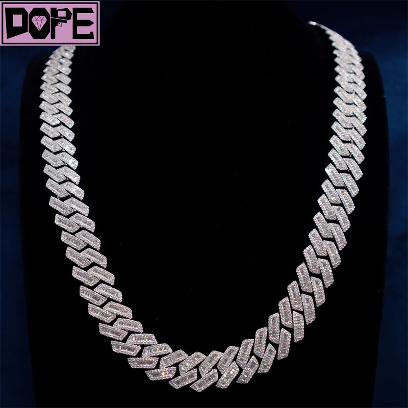 Hip Hop Cuban Link Chain 925 Sterling Silver 15mm Baguette Diamond Iced Out Moissanite Cuban Chain