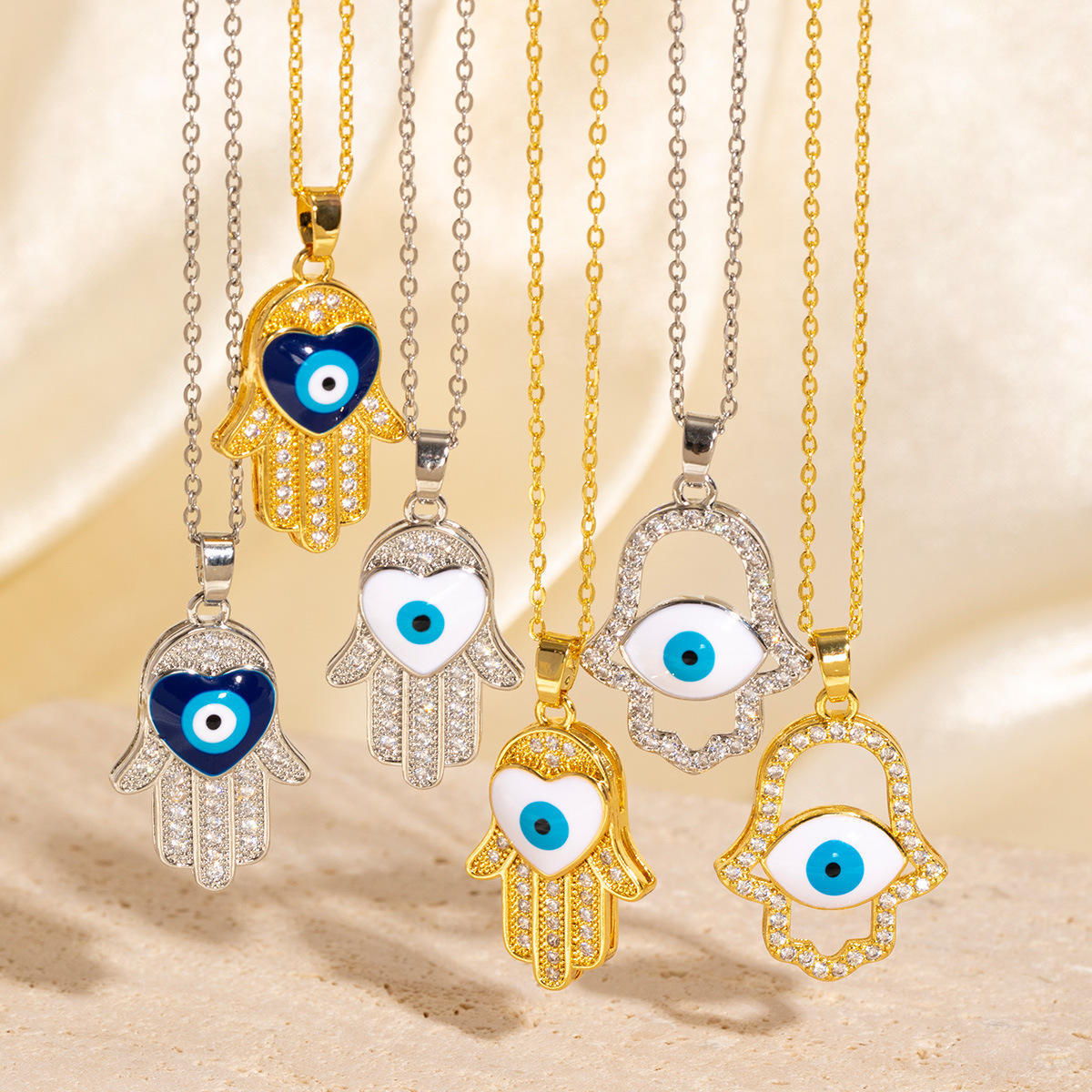 Gold - tone Hamsa Hand Pendant Necklace With Blue Eye And Glittering Rhinestones Cute Daily & Classy Jewelry Gift For Her High - Quality & Trendy Acce