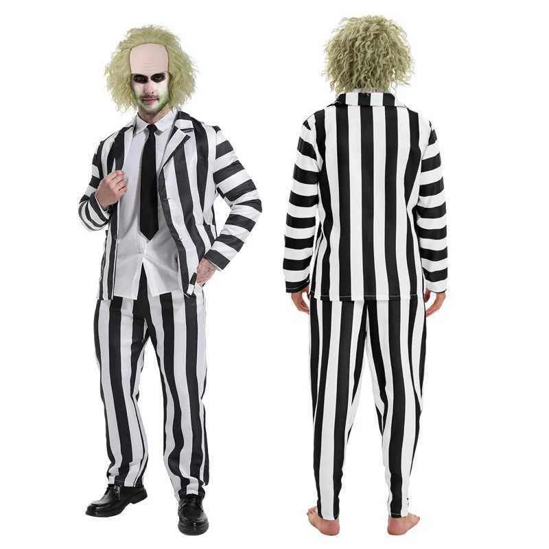 Mens Adult Halloween Costume Black and White Striped Suit Shirt and Tie Scary Costumes Spooky Beetla Halloween Cosplay Outfits L250918