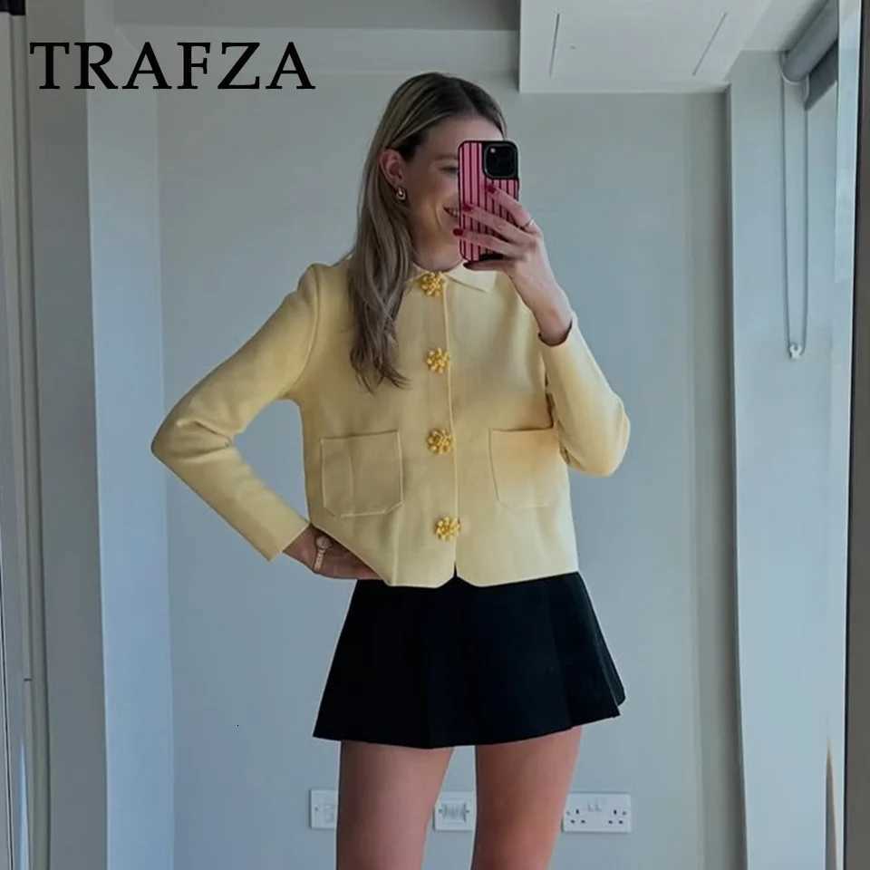TRAFZA 2025 Fall Winter Butter Yellow Knitted Women Jackets Fashion Streetwear Turndown Collar Solid Button Straight Lady Coats Z250918