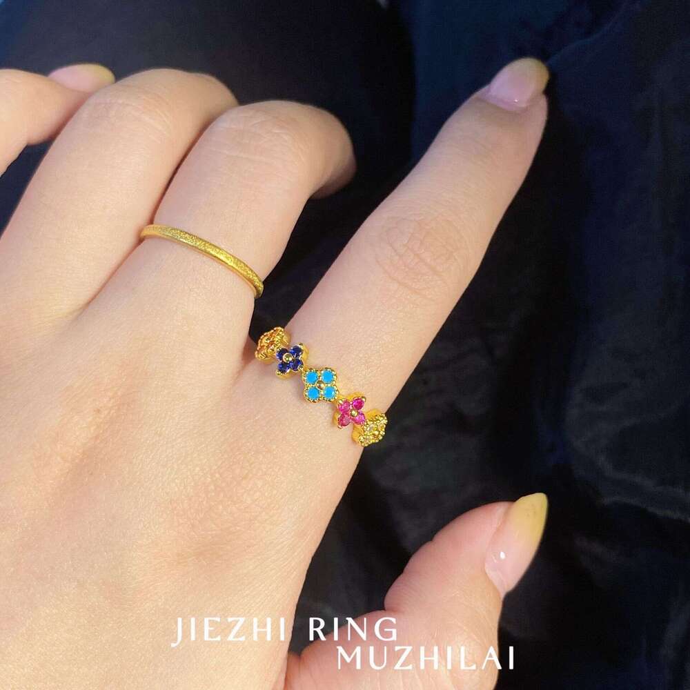 Muzhilai 2025 Lucky Four-Leaf Flower Summer Rainbow Dopamine Colorful Diamond Exquisite High-End Feel Ring