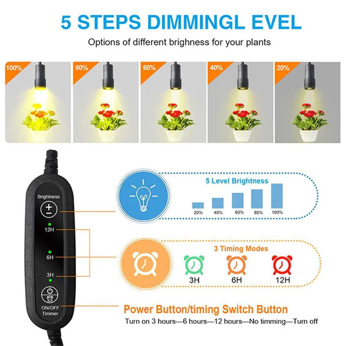 Adjusted Height Zoomable 10W LED Grow Light with 3612H Timmer Desktop Floor 5 Step Dimmable Full Spectrum Plant Growing Lamp C250919