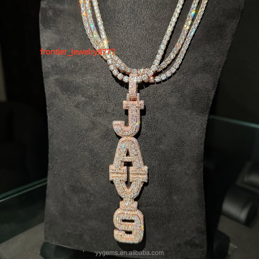 Custom Hip Hop Mens Fashion Vertical Setting Letters 925 Sterling Silver VVS Moissanite Diamond Name Letter Pendant