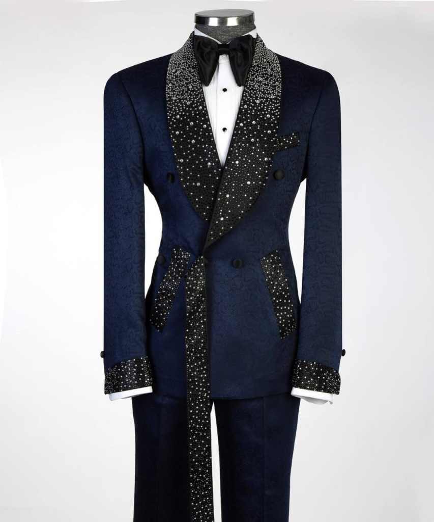 Sparkly 2 Pieces Men Suits Double Breasted Shawl Lapel Tuxedos Crystals Beaded Ceremony Party Customized Outfits