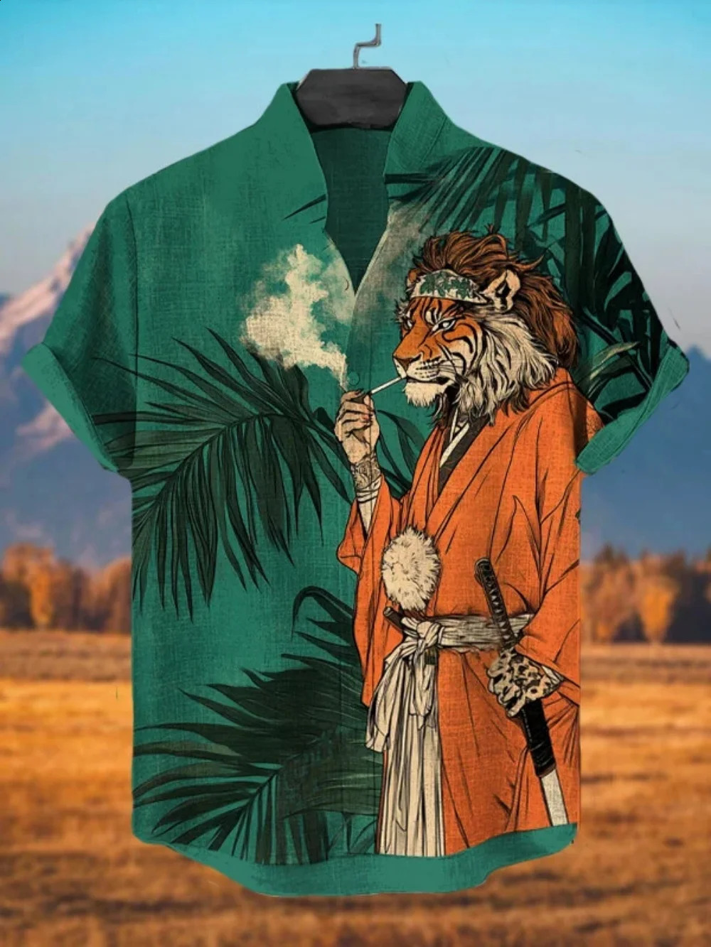 2025 mens standing collar shirt Japanese samurai printed cardigan button up retro linen short sleeved 250919