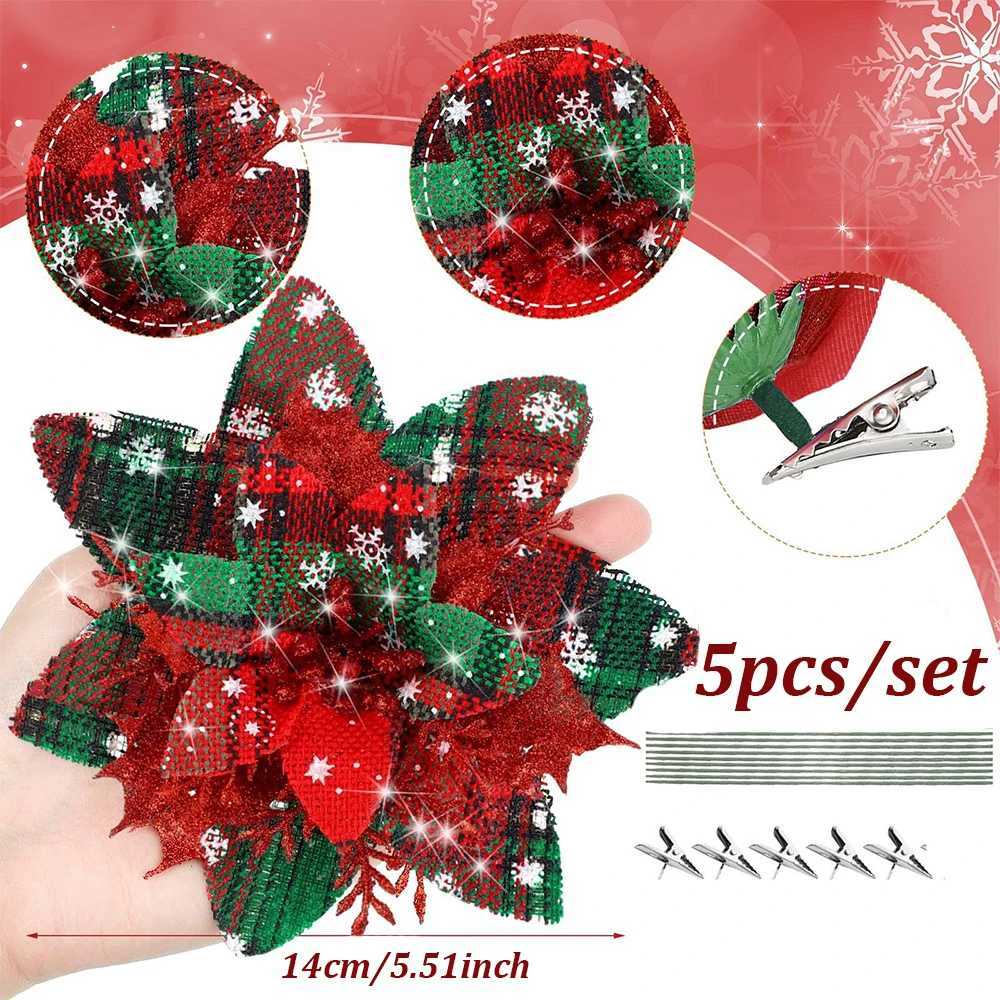 5PCS Glitter Christmas Poinsettia Artificial Flowers with Clips Stems for Xmas Tree Wreath DIY Wedding Home New Year Decorations C250919