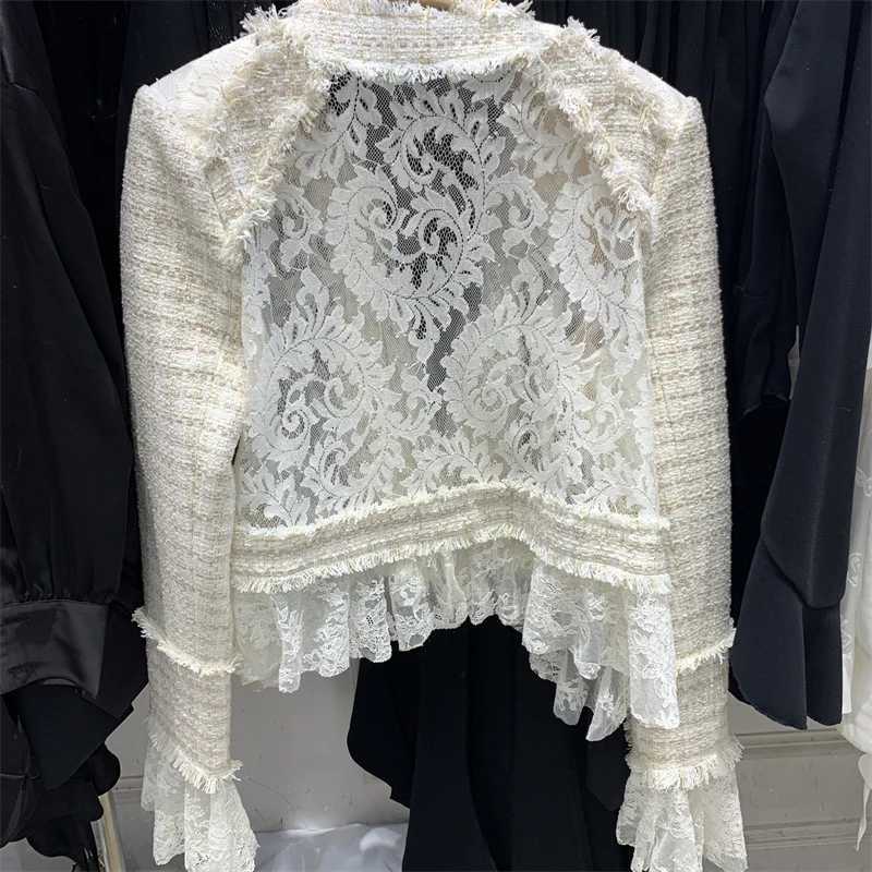 Autumn new Elegant Ladies tweed woven lace patchwork jacket for Women Slim Fit Short Cardigan Coat Y4268 Z250918