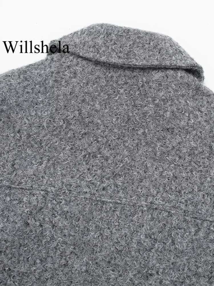 Willshela Women Fashion With Pockets Grey Front Zipper Jackets Vintage Lapel Neck Long Sleeves Female Chic Lady Outfits Z250918