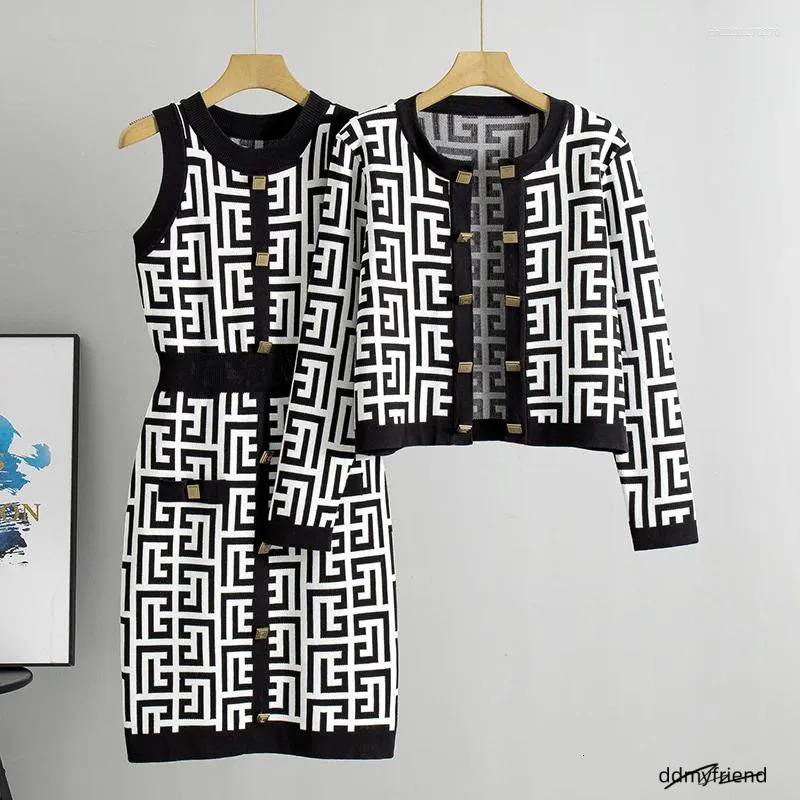 Women's Tracksuits Fashion Spring And Autumn Season Set Age Reducing Temperament Small Fragrance Knitted Cardigan Dress Two Piece ddmyfriend